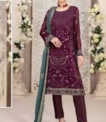 Wine embroidered faux georgette semi stitched salwar suit