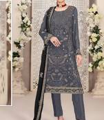 Grey embroidered faux georgette semi stitched salwar suit