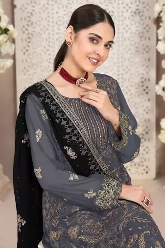 Grey embroidered faux georgette salwar suit