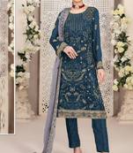 Teal embroidered faux georgette semi stitched salwar suit