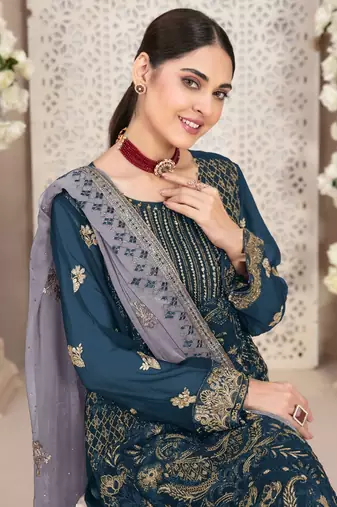 Teal embroidered faux georgette salwar suit