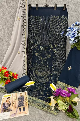 Teal embroidered faux georgette salwar suit