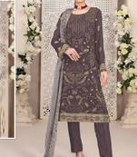 Dark grey embroidered faux georgette semi stitched salwar suit