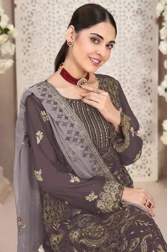 Dark grey embroidered faux georgette salwar suit
