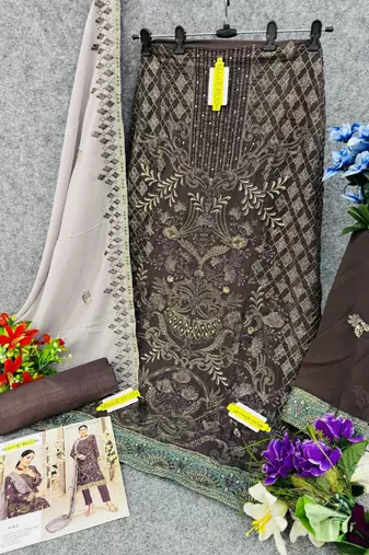 Dark grey embroidered faux georgette salwar suit
