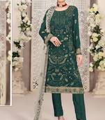 Teal green embroidered faux georgette semi stitched salwar suit