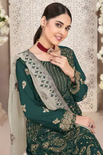 Teal green embroidered faux georgette salwar suit