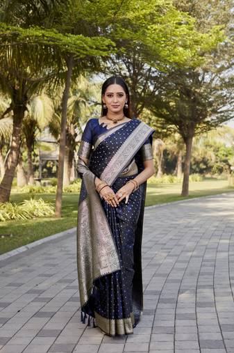 Women Navy Blue  Kanjivaram Satin Silk And Zari Weaving Border With Rich Pallu Saree With Blouse For Women