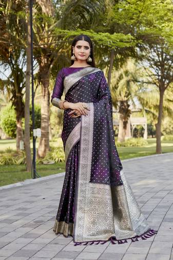 Women Wine  Kanjivaram Satin Silk And Zari Weaving Border With Rich Pallu Saree With Blouse For Women