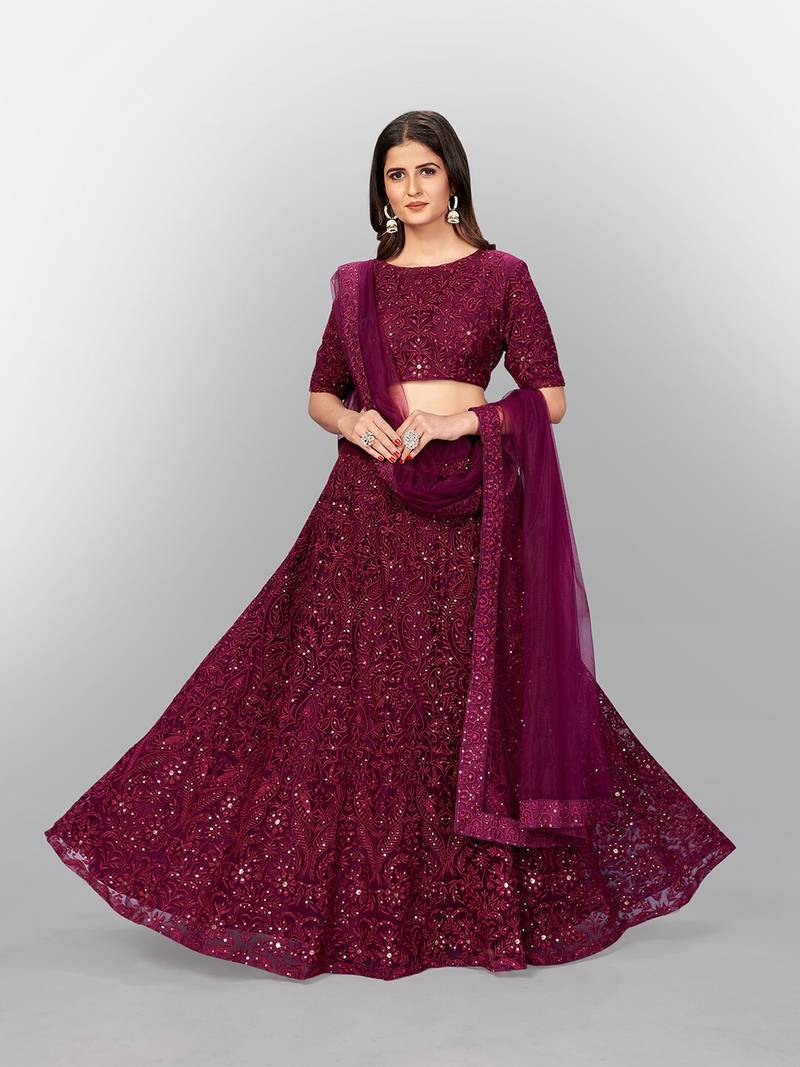 Captivating Maroon Heavy Thread and Sequins Net Bridesmaid Lehenga Choli