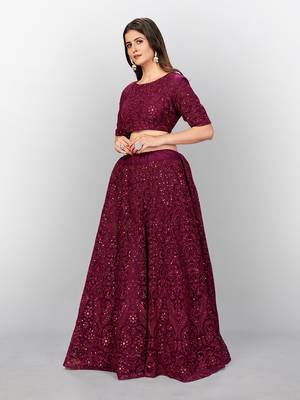  maroon heavy thread and sequins net lehenga set choli with dupatta 3