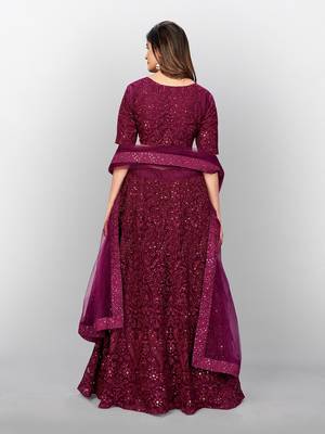  maroon heavy thread and sequins net lehenga set choli with dupatta 4