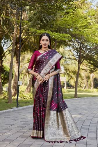 Women Maroon  Kanjivaram Satin Silk And Zari Weaving Border With Rich Pallu Saree With Blouse For Women