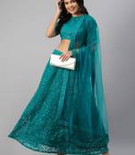 Fascinating Teal Green Thread Embroidery Net Lehenga Choli