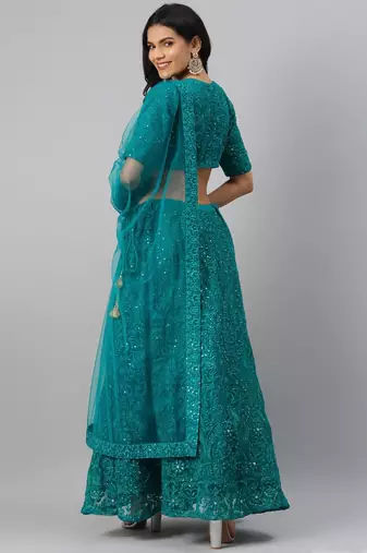 fascinating teal green thread embroidery net lehenga set choli with dupatta