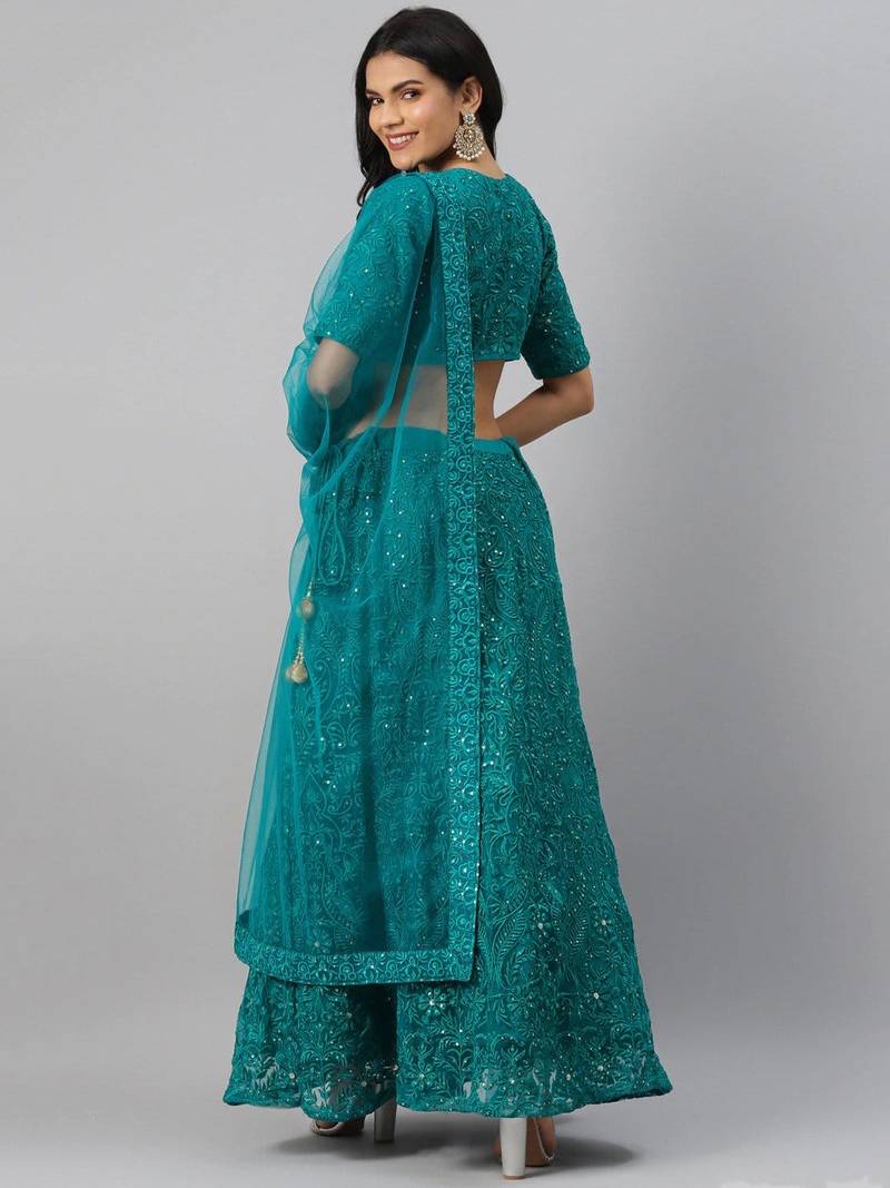 Fascinating Teal Green Thread Embroidery Net Lehenga Choli