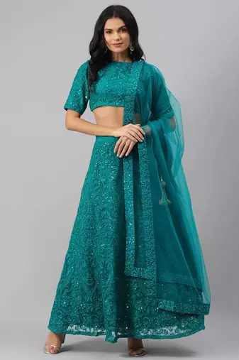 fascinating teal green thread embroidery net lehenga set choli with dupatta