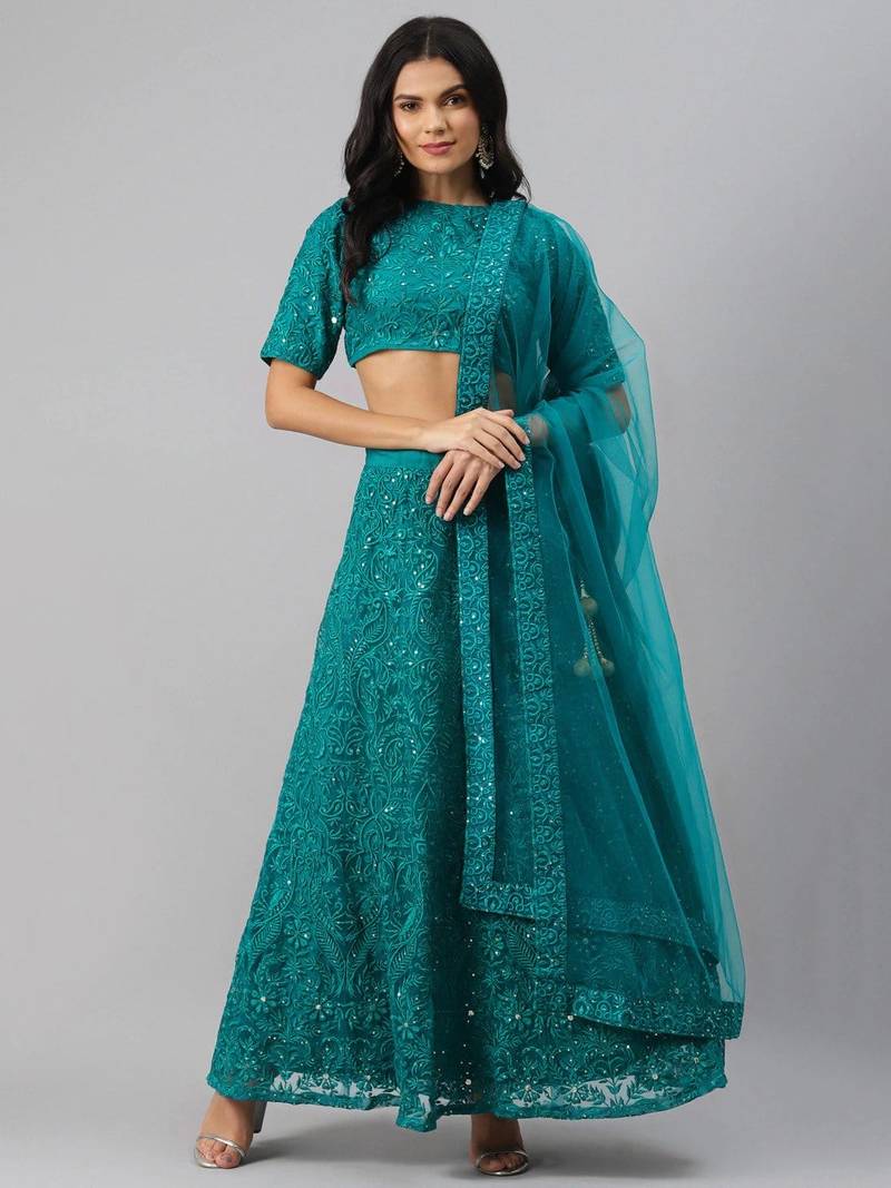 Fascinating Teal Green Thread Embroidery Net Lehenga Choli