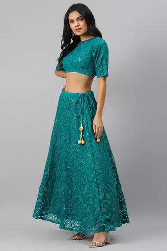 fascinating teal green thread embroidery net lehenga set choli with dupatta