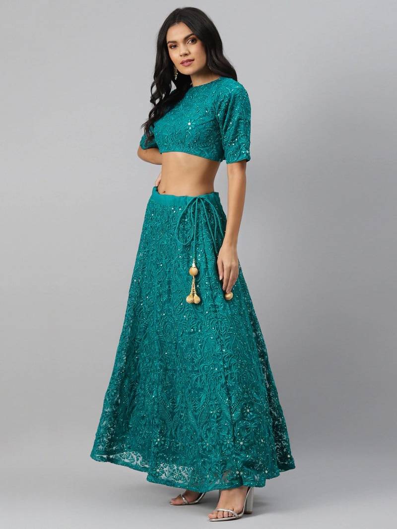 Fascinating Teal Green Thread Embroidery Net Lehenga Choli