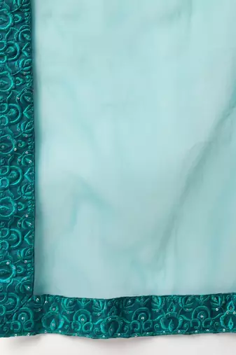 fascinating teal green thread embroidery net lehenga set choli with dupatta