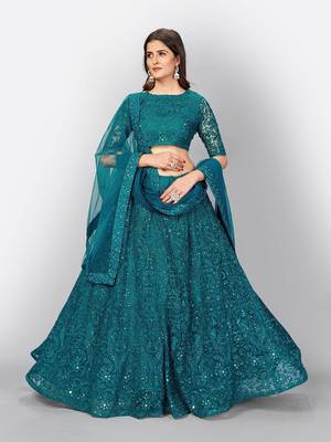  teal green thread embroidery net lehenga set choli with dupatta 1