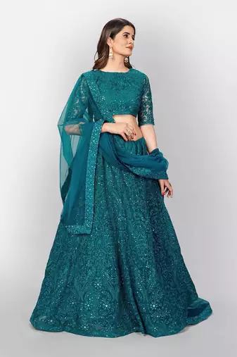  teal green thread embroidery net lehenga set choli with dupatta