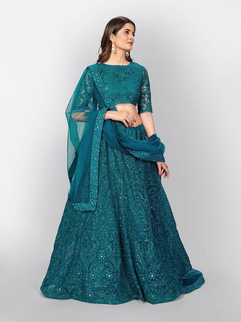 Captivating Teal Green Thread Embroidery Net Lehenga Choli