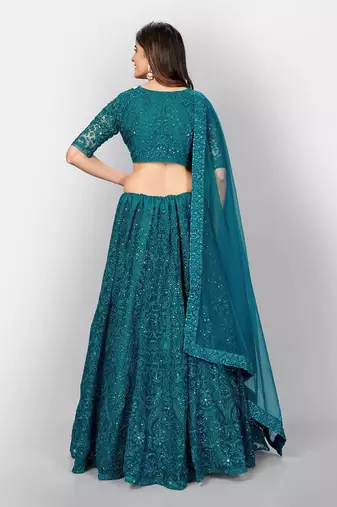  teal green thread embroidery net lehenga set choli with dupatta