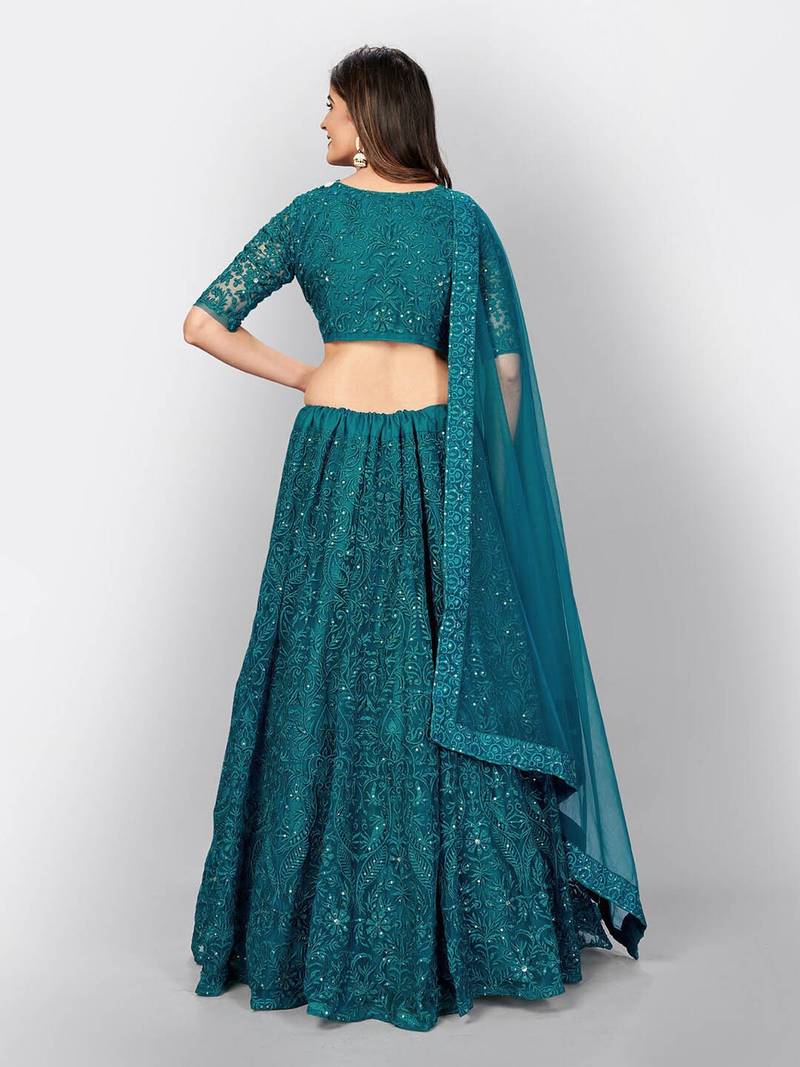Captivating Teal Green Thread Embroidery Net Lehenga Choli