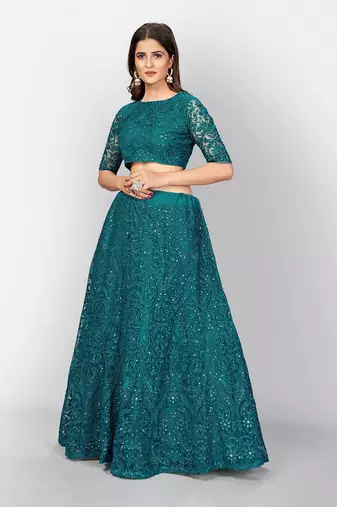  teal green thread embroidery net lehenga set choli with dupatta