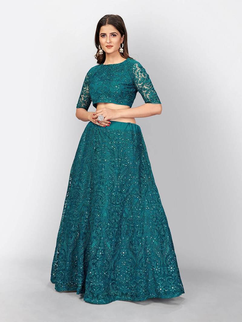 Captivating Teal Green Thread Embroidery Net Lehenga Choli