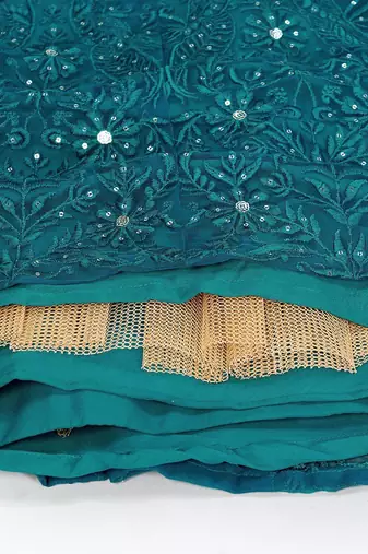  teal green thread embroidery net lehenga set choli with dupatta