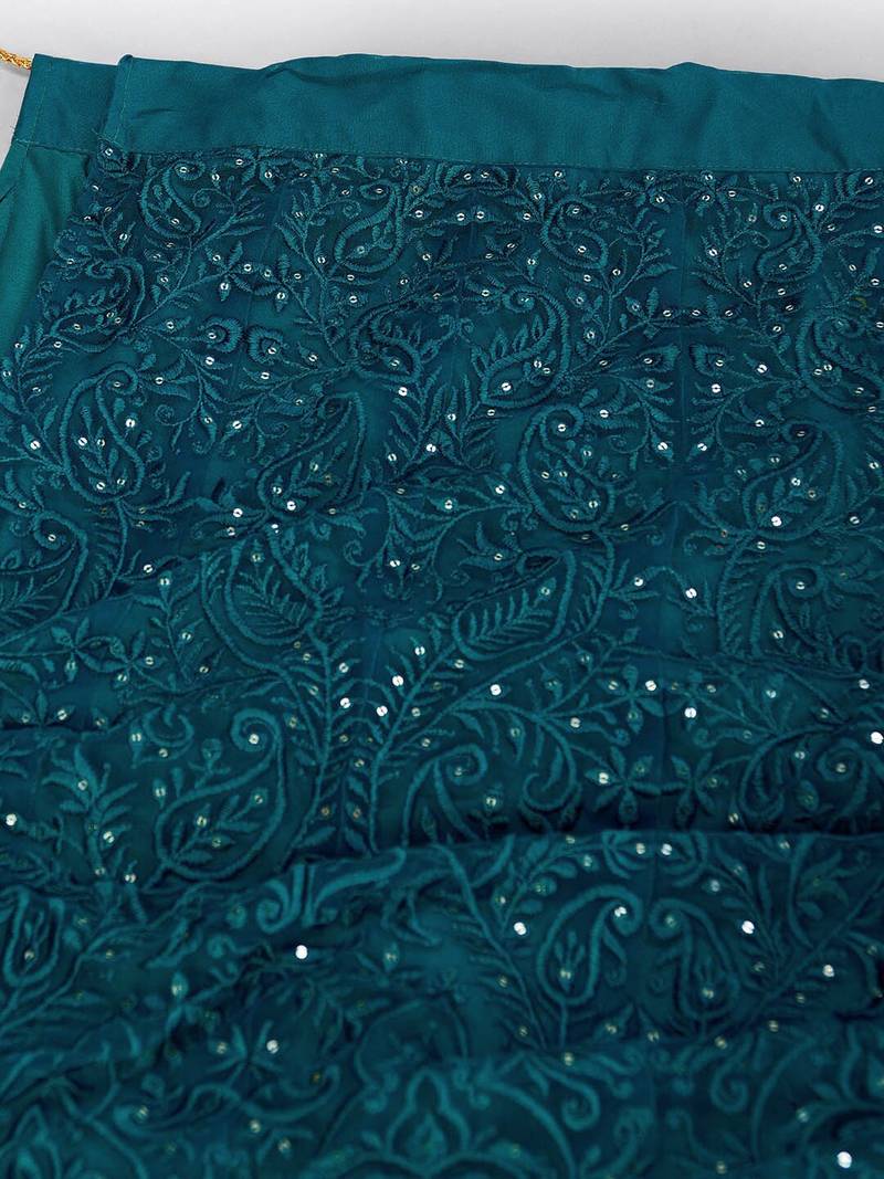 Captivating Teal Green Thread Embroidery Net Lehenga Choli