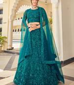 Charming Teal Green Thread Embroidery Net Lehenga Choli