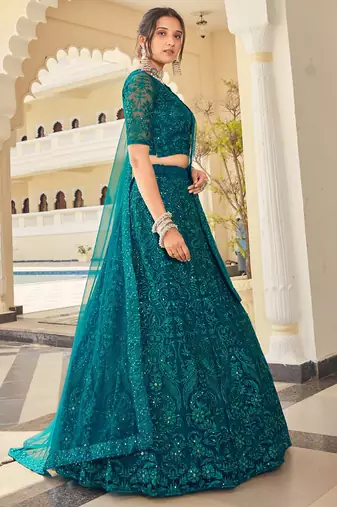 teal green thread embroidery net lehenga set choli with dupatta