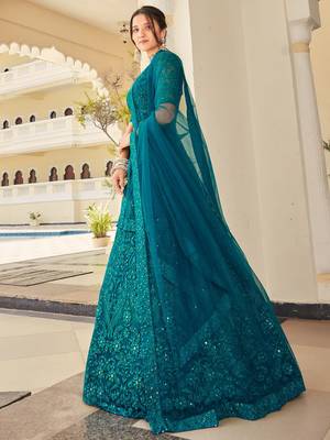 teal green thread embroidery net lehenga set choli with dupatta 3