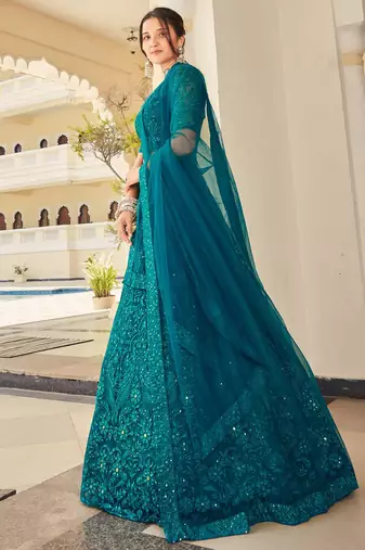 teal green thread embroidery net lehenga set choli with dupatta