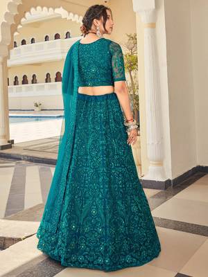 teal green thread embroidery net lehenga set choli with dupatta 4