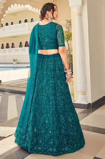 teal green thread embroidery net lehenga set choli with dupatta