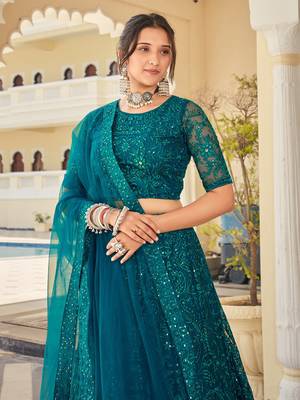 teal green thread embroidery net lehenga set choli with dupatta 5