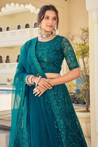 teal green thread embroidery net lehenga set choli with dupatta
