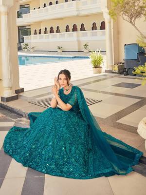 teal green thread embroidery net lehenga set choli with dupatta 6