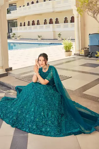teal green thread embroidery net lehenga set choli with dupatta