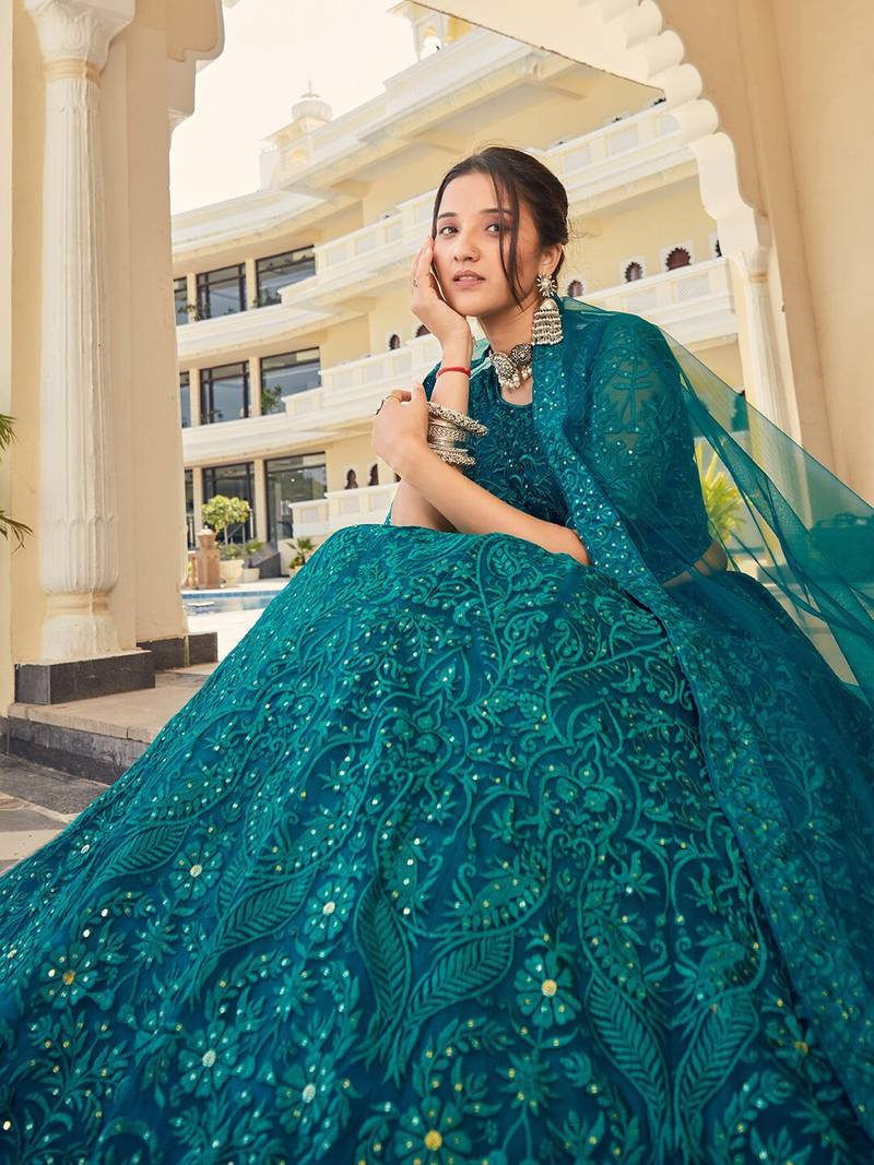 Charming Teal Green Thread Embroidery Net Lehenga Choli