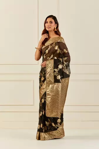Ethnic Motifs Woven Design Zari Organza Banarasi Saree
