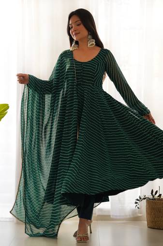 Pure Fox Georgette Laheriya Print Fabric Fully Flair Anarkali, With Dupatta And Pent