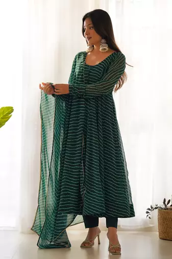 Pure Fox Georgette Laheriya Print Fabric Fully Flair Anarkali, With Dupatta And Pent