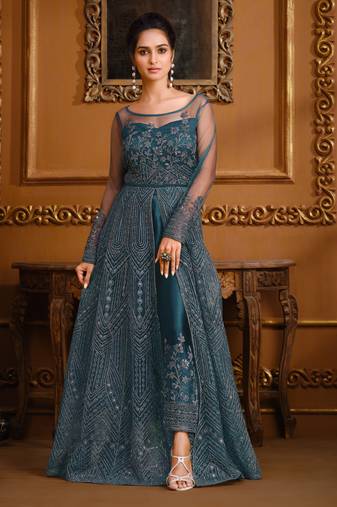 Teal net embroidery party wear anarkali salwar kameez