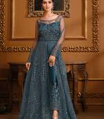 Teal net embroidery party wear anarkali salwar kameez